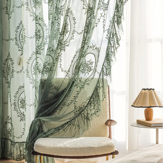 Dark Green Sheer Vintage Tulle Curtains Elegant Ruffle Embroidered