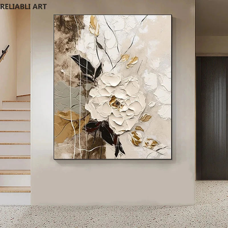 Abstract White Flower Oil Painting On Canvas Print, Wall Art Picture