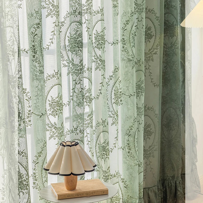 Dark Green Sheer Vintage Tulle Curtains Elegant Ruffle Embroidered