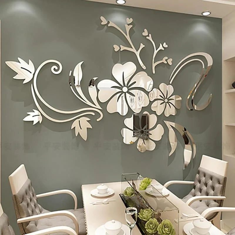 1 Set of Exquisite Flower 3D Mirror Wall Stickers Detachable Decals