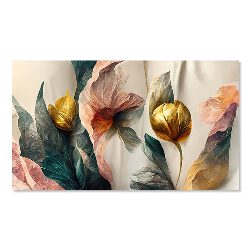 Vintage Gold Green Pink Flowers Posters Wall Art Canvas Painting