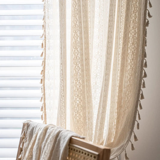 AmericanCountryside Vintage Curtains Beige Crochet with Tassel Drapes